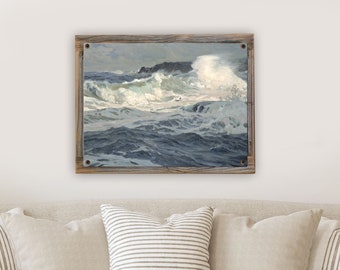 Southwesterly Gale by Frederick J Waugh Metal Print on Reclaimed Wood Frame | Vintage Painting | Livingroom Decor | Vintage Waves