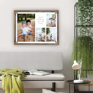 May include: A collage of four photos of two young boys playing on a beach. The photos are arranged in a grid pattern. The text "We don't remember days, we remember moments." is written in white cursive on a white background.