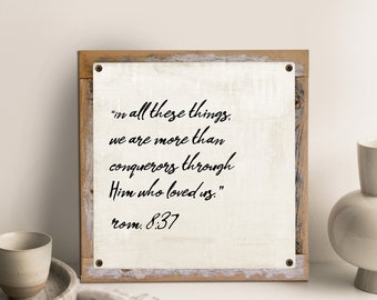 More Than Conquerors Vintage Metal Print on Reclaimed Wood Frame-Romans 8:37 Bible Verse-Scripture Wall Decor-Christian Gift Idea