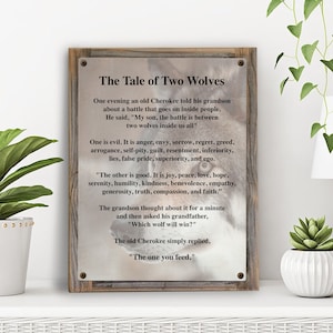 Tale Of Two Wolves Metal Print on Reclaimed Wood Frame-Inspirational Wall Decor-Gift For Son-Therapist Wall Decor-Cherokee Proverb Sign