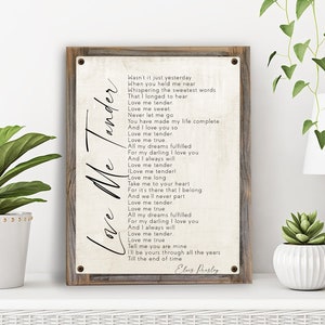 Love Me Tender Song Lyrics on Metal Print on Reclaimed Wood Frame-Elvis Presley Song Lyric Wall Art-Wedding Song Wall Art-Anniversary Decor