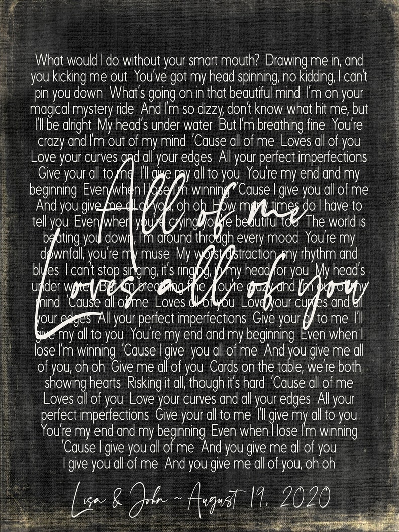 All of Me Loves All of You Song Lyrics on Metal Print on Etsy
