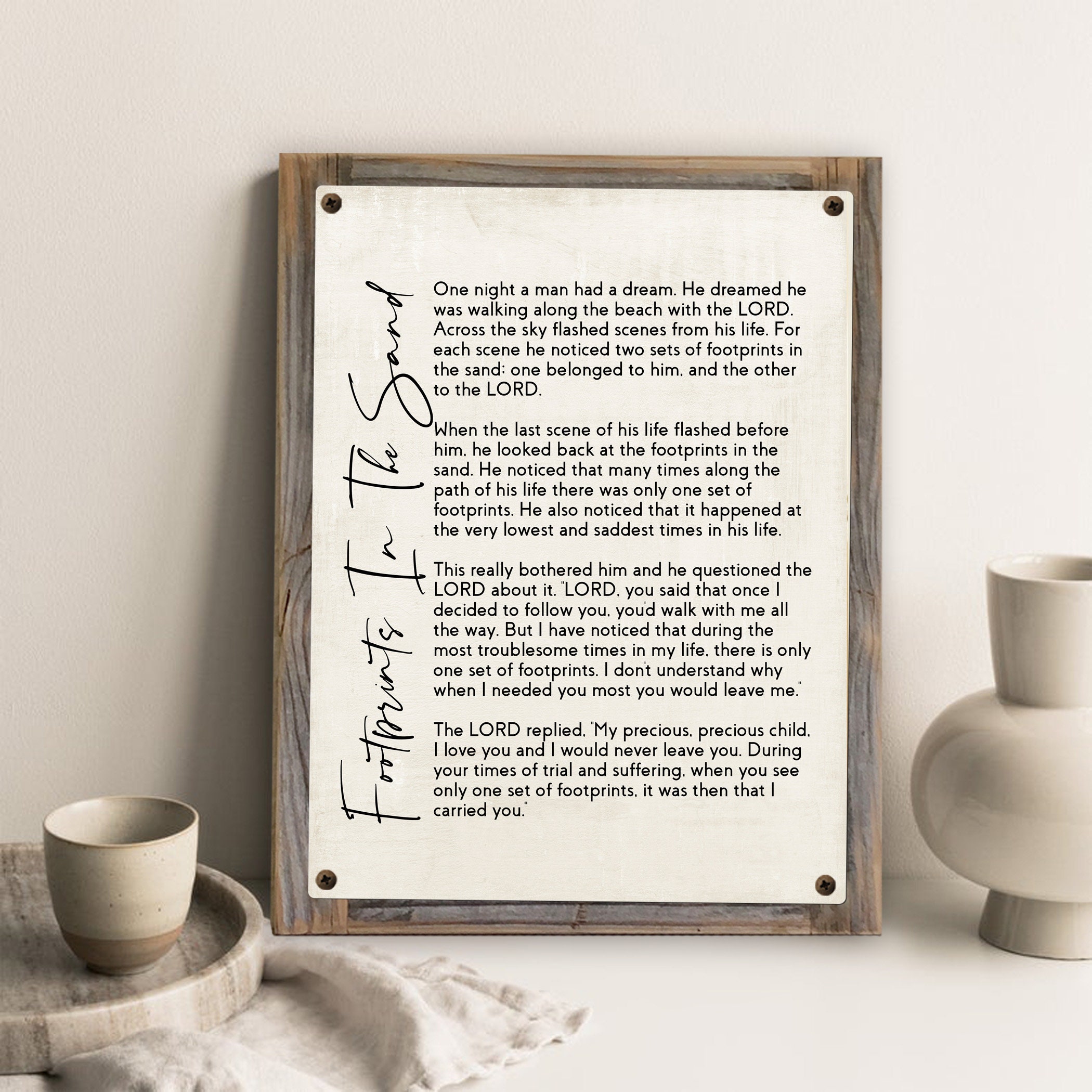 Footprints In The Sand Poem on Metal Print on Reclaimed Wood Frame-Rustic Christian Wall Decor-Footprints wall decor-Spiritual Wall Decor