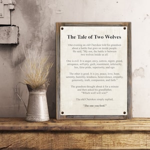 Tale Of Two Wolves on Metal Print on Reclaimed Wood Frame-Cherokee Proverb Sign-Therapist Office Prints-Spiritual Wall Decor-Gift For Son