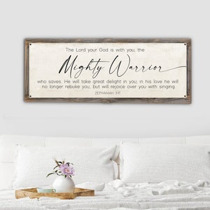 Mighty Warrior on Metal Print w/ Reclaimed Wood Frame-ZEPHANIAH 3:17-Bible Wall Art-Christian Wall Decor-Over Couch Scripture