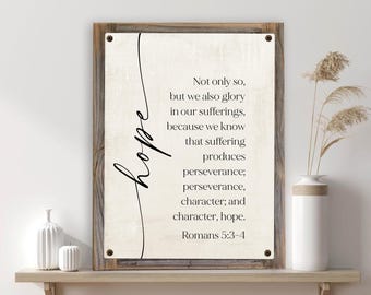 Romans 5:3-4 Scripture Wall Art Metal Print on Reclaimed Wood Frame-Hope Through Suffering Bible Verse-Rustic Faith Artwork