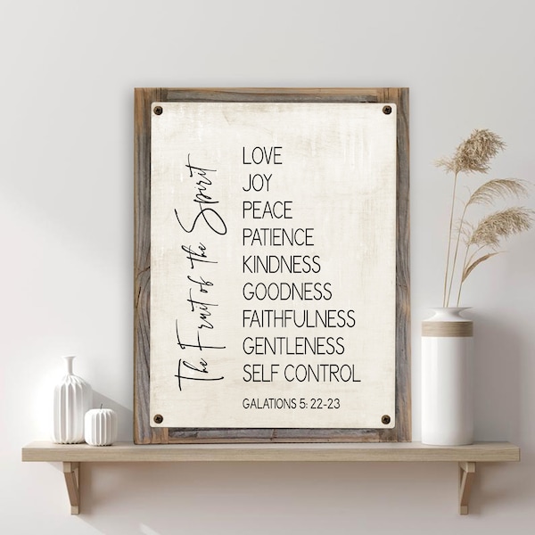 Christian Word Art- FRUIT OF The SPIRIT Metal Print On Reclaimed Wood Frame-Modern Bible Art-Galatians 5:22-23