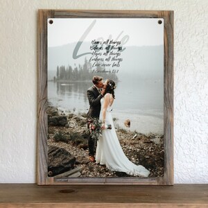 Custom Metal Wedding Photo Art-Metal Photo Art Reclaimed Wood Frame-Scripture on photo-anniversary gift-Wedding gift couple unique image 2