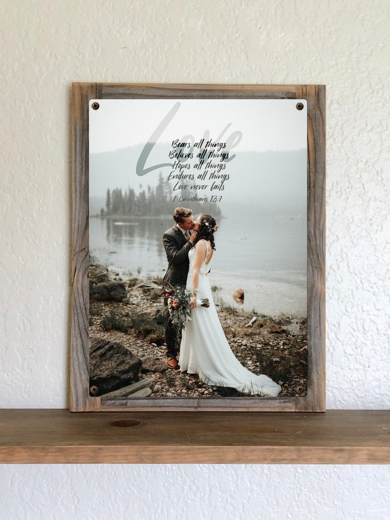 Custom Metal Wedding Photo Art-Metal Photo Art Reclaimed Wood Frame-Scripture on photo-anniversary gift-Wedding gift couple unique image 2