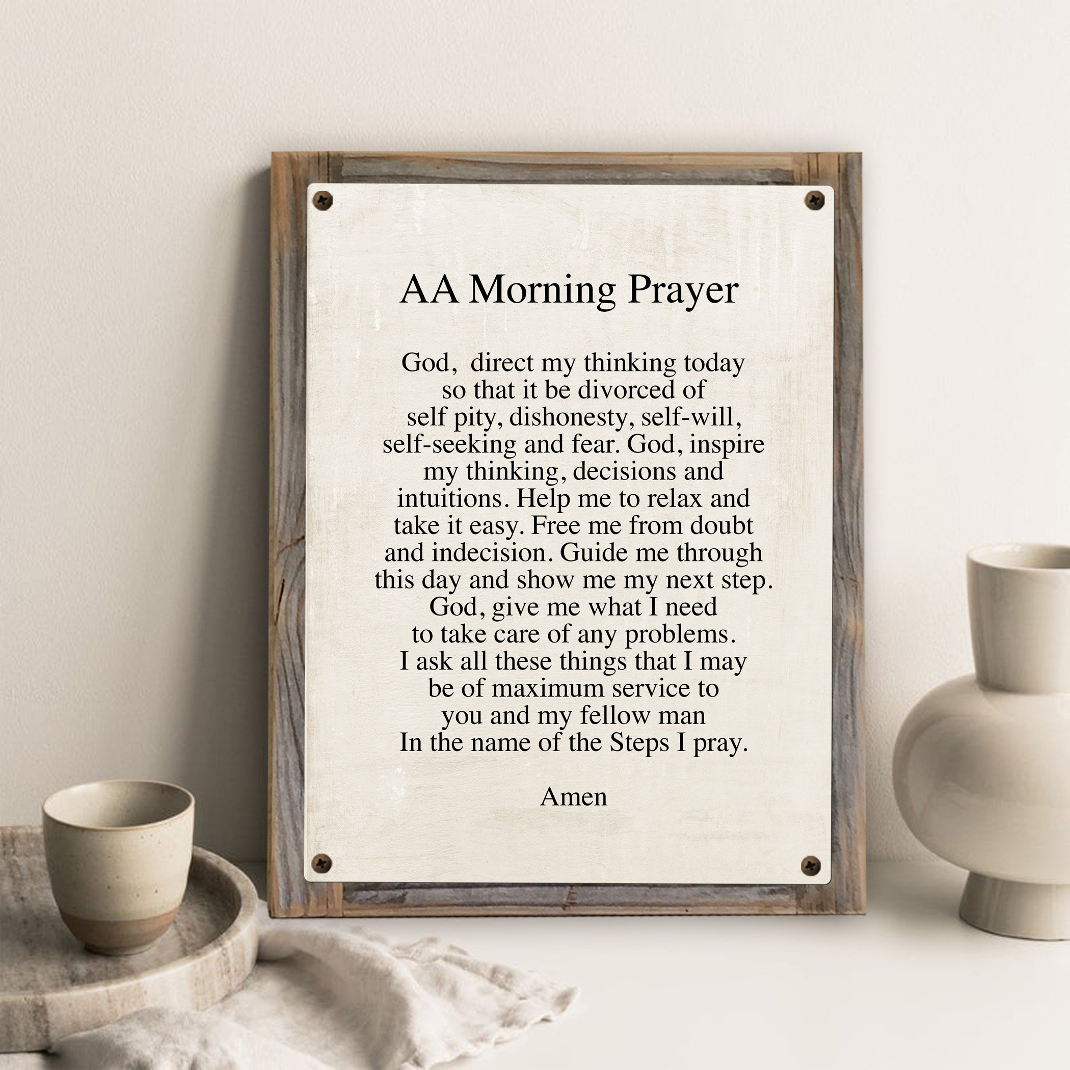 AA Morning Prayer op metalen print op teruggewonnen houten frame