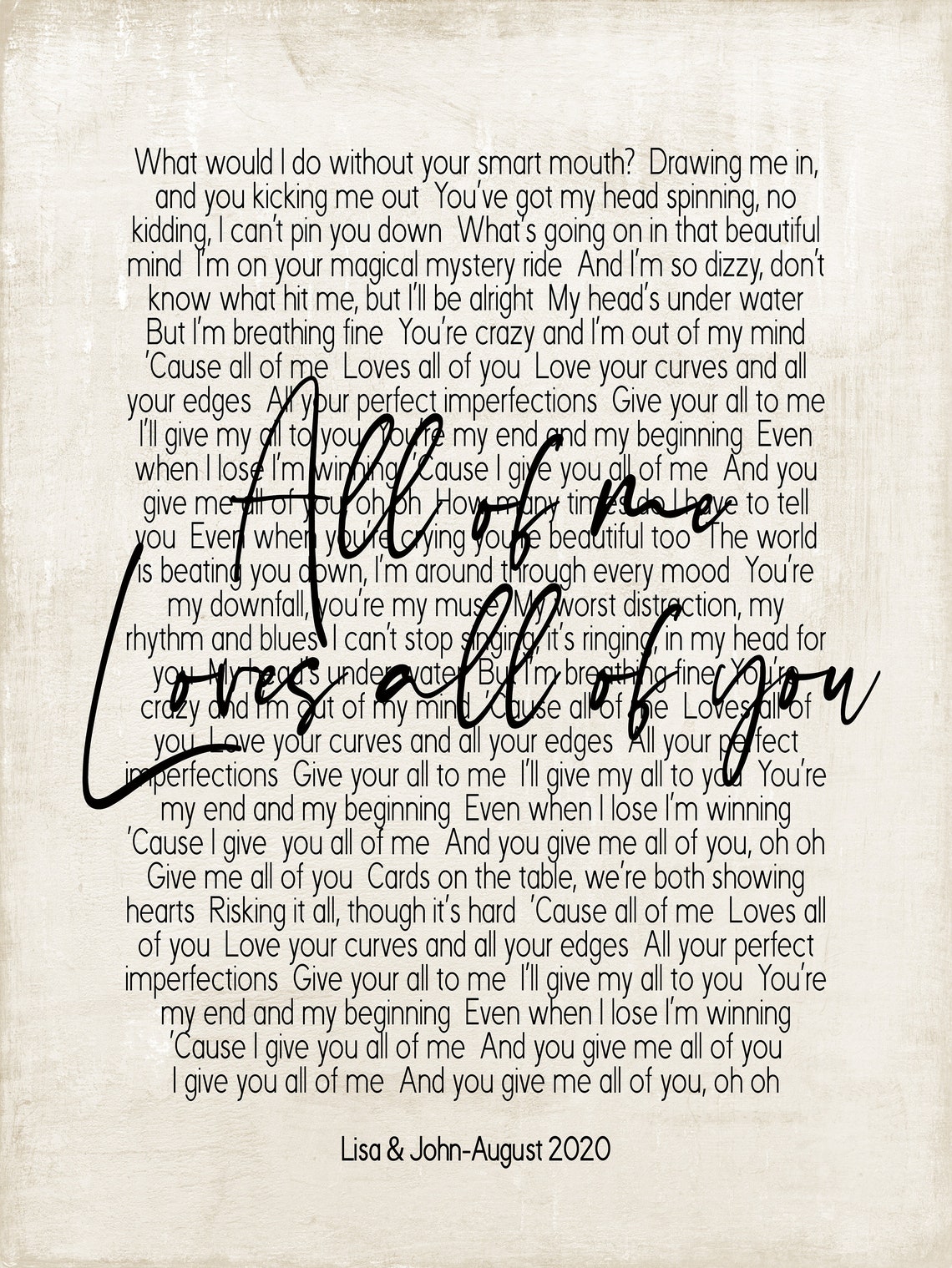 All of me loves all of you song lyrics on metal print on etsy