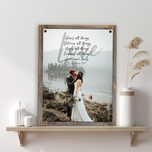 Custom Metal Wedding Photo Art-Metal Photo Art Reclaimed Wood Frame-Scripture on photo-anniversary gift-Wedding gift couple unique image 1