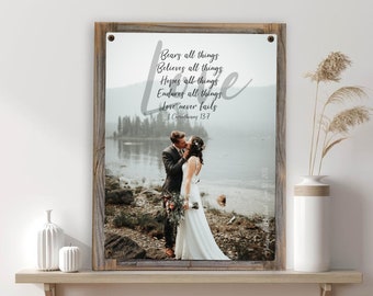 Custom Metal Wedding Photo Art-Metal Photo Art Reclaimed Wood Frame-Scripture on photo-anniversary gift-Wedding gift couple unique