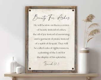 Isaiah 61:3 Beauty For Ashes Metal Print on Reclaimed Wood Frame-Scripture Wall Sign-Rustic Bible Art