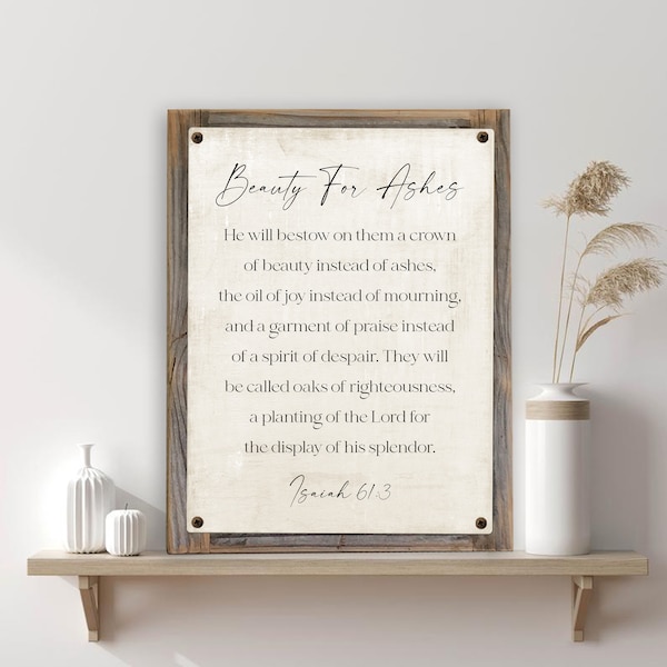 Isaiah 61:3 Beauty For Ashes Metal Print on Reclaimed Wood Frame-Scripture Wall Sign-Rustic Bible Art