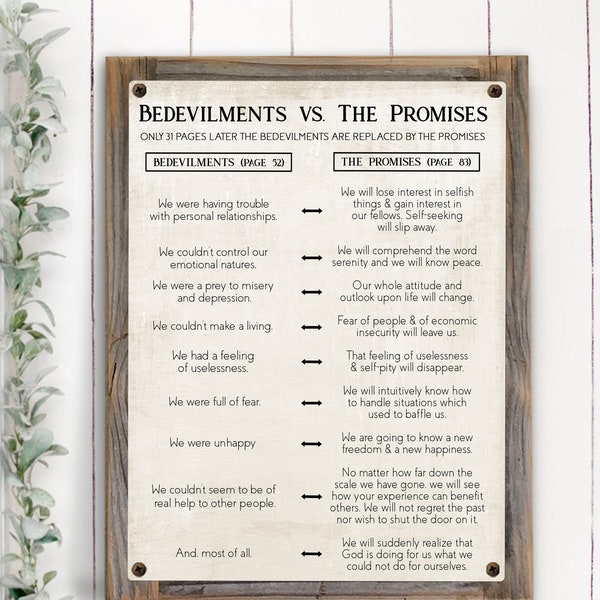 AA Bedevilments VS Promises Metal Print on Reclaimed Wood Frame-Recovery Wall Art-Twelve Step Wall Decor-AA Meeting room Wall Art-Sobriety