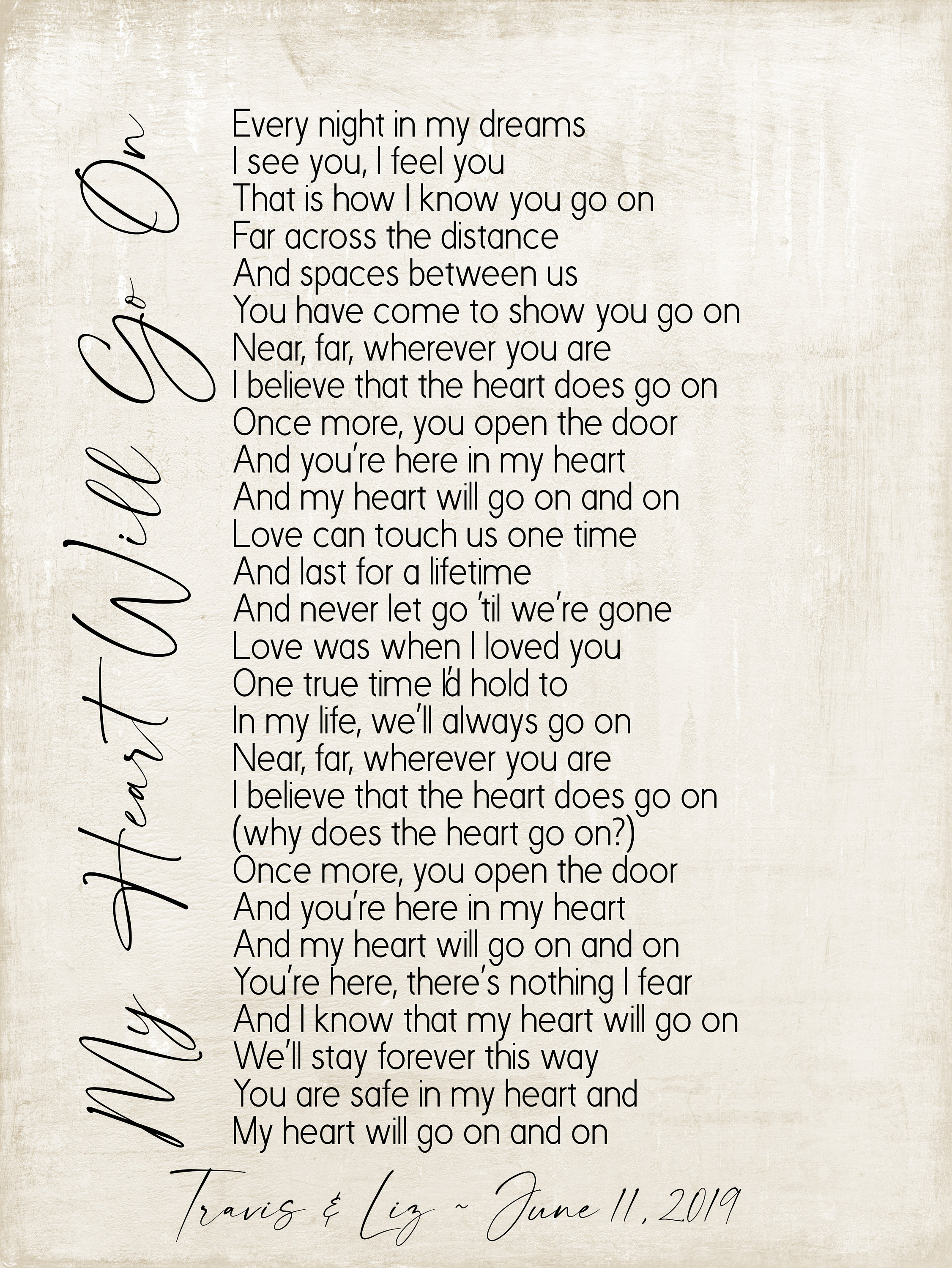 My Heart Will Go on Song Lyrics on Metal Print reclaimed Wooden Frame wedding Song Lyrics first Dance titanic Song celine Dion Lyrics Art Etsy