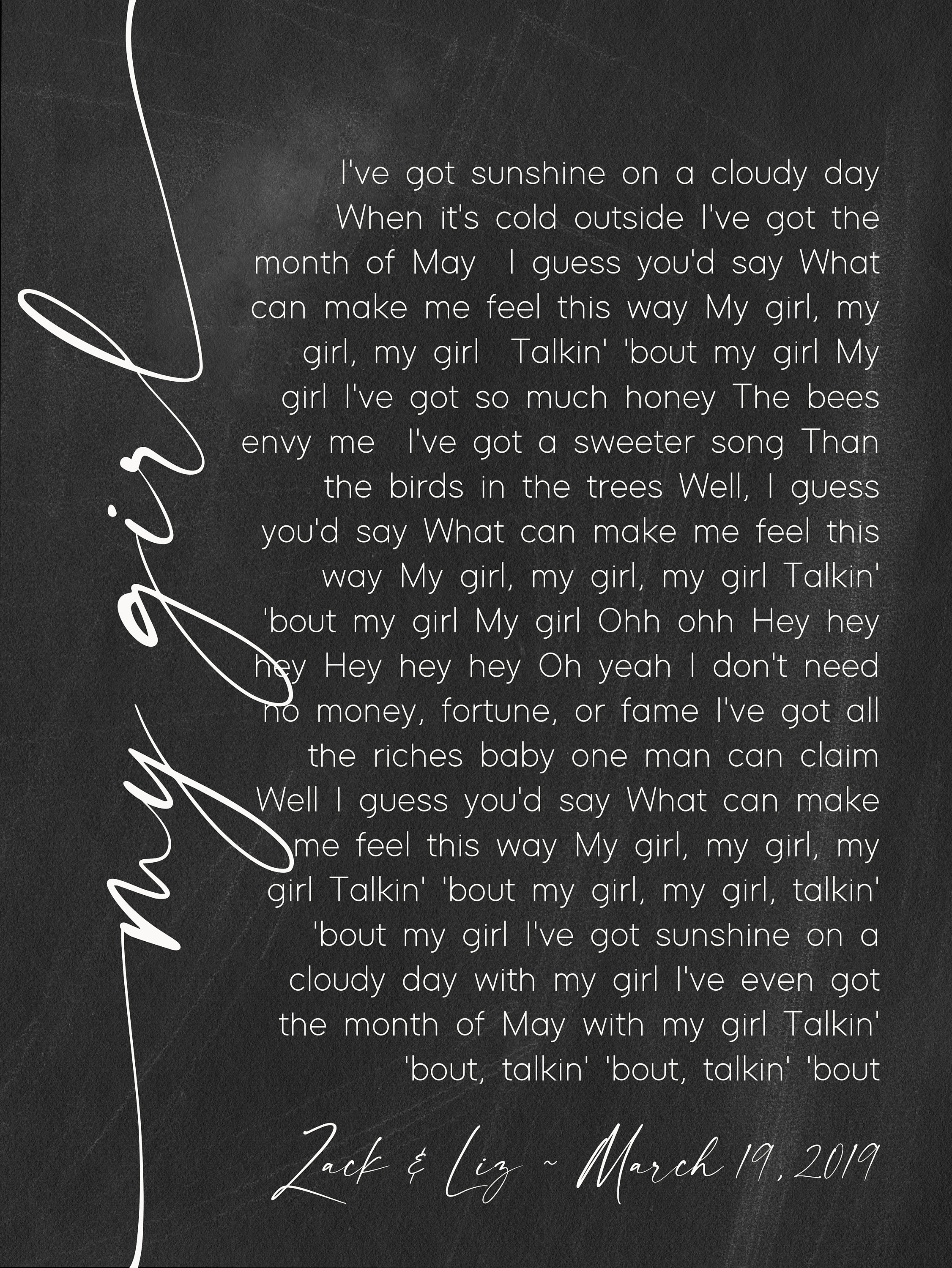 My Girl Song Lyrics on Metal Print-reclaimed Wood Frame-wedding Song