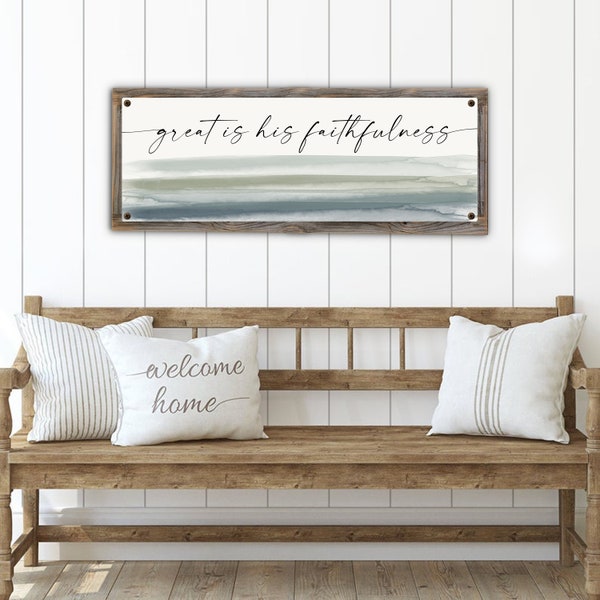 Great Is His Faithfulness Print on Reclaimed Wood Frame-Lamentations 3:23  Scripture Wall Art-Above Bed Wall Decor-Above Couch Wall Art