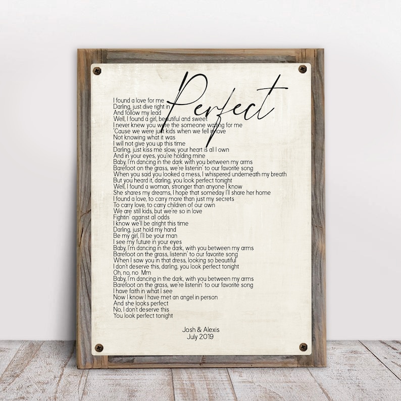 Perfect-Ed Sheeran Song Lyrics on Metal Print on Reclaimed | Etsy