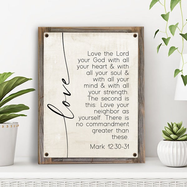 Love The Lord With All Your Heart Metal Print on Reclaimed Wood Frame-Mark 12:30-31 Bible Verse-Greatest Commandment-Scripture Wall Art