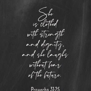 Proverbs Woman Metal Print on Reclaimed Wood Frame-Proverbs 31-25-Scripture Wall Art-Clothed with dignity-Mothers Day Gift-Christian Woman Chalkboard