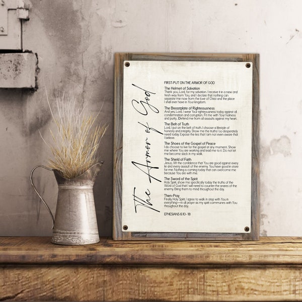 Armor of God Prayer Metal Print on Reclaimed Wood Frame-EPHESIANS 6:10–18-Rustic Christian Sign-Pastor Gift Idea