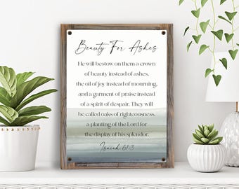 Isaiah 61:3 Beauty For Ashes Metal Print on Reclaimed Wood Frame-Scripture Wall Sign-Rustic Bible Art