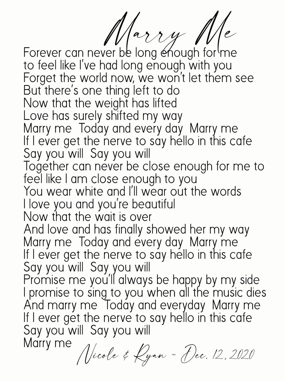 Marry Me by Train Song Lyric Wall Artmarry Me Lyrics Metal Etsy