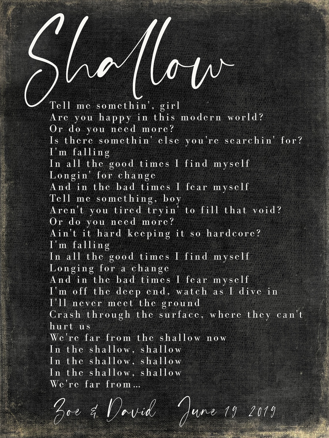 Shallow Song Lyrics on Metal Print on Reclaimed Wooden Etsy