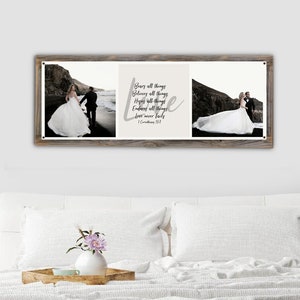 May include: A rustic wood framed canvas print with a wedding photo of a couple on a beach. The print includes the text "Bear all things, Believe all things, Hopes all things, Endure all things, Love never fails, 1 Corinthians 13:7".