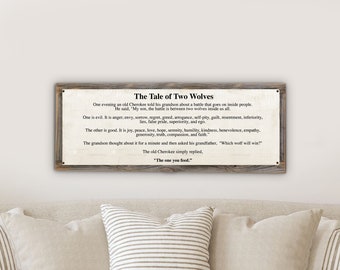 Tale Of Two Wolves on Metal Print on Reclaimed Wood Frame-Cherokee Proverb Sign-Spiritual Wall Decor-Gift For Son-Spiritual Gift