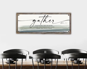 Gather Wall Art–Matthew 18:20 Metal Print on Reclaimed Wood Frame-Family Gathering Decor, Christian Housewarming Gift