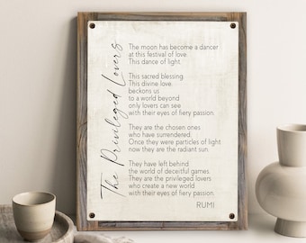 Privileged Lovers-Rumi Poem on Metal Print on Reclaimed Wood Frame-Rumi Poetry Wall Decor-Marriage Poem Wall Art-Classic Love Poetry Decor
