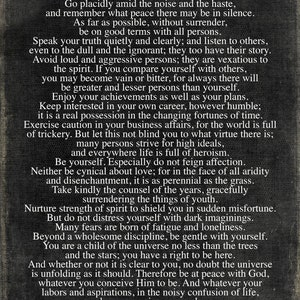 Desiderata Poem on Metal Print-Reclaimed Wood Frame-Max Ehrmann Wall Art-Inspirational Wall Art-Motivational Decor-Man Gift Idea Vintage Black