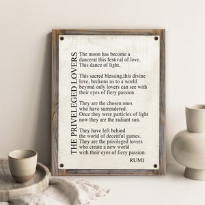 Privileged Lovers-Rumi Poem on Metal Print on Reclaimed Wood Frame-Rumi Poetry Wall Decor-Marriage Poem Wall Art-Classic Love Poetry Decor