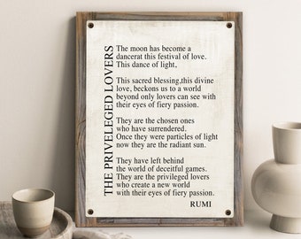 Privileged Lovers-Rumi Poem on Metal Print on Reclaimed Wood Frame-Rumi Poetry Wall Decor-Marriage Poem Wall Art-Classic Love Poetry Decor