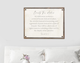 Isaiah 61:3 Beauty For Ashes Metal Print on Reclaimed Wood Frame-Scripture Wall Sign-Rustic Bible Art