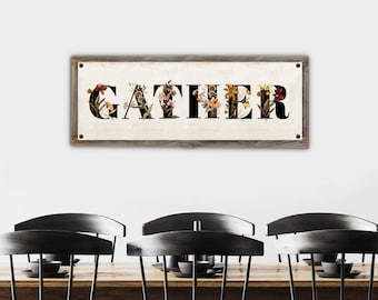 GATHER SIGN, THANKSGIVING Sign, Dining Room Sign, Gather Metal Print On Reclaimed Wood Frame, Fall Farmhouse Decor, Fall Scriptures