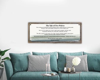 Tale Of Two Wolves on Metal Print on Reclaimed Wood Frame-Cherokee Proverb Sign