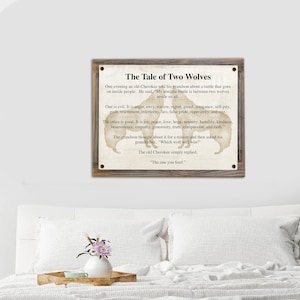 Tale Of Two Wolves on Metal Print on Reclaimed Wood Frame-Cherokee Proverb Sign-Therapist Office Prints-Spiritual Wall Decor-Gift For Son