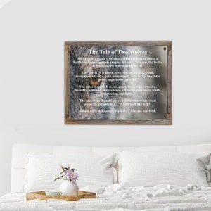 Tale Of Two Wolves on Metal Print on Reclaimed Wood Frame-Cherokee Proverb Sign-Therapist Office Prints-Spiritual Wall Decor-Gift For Son