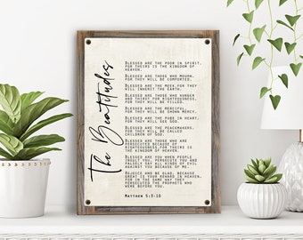 Beatitudes Metal Print on Reclaimed Wood Frame-Matthew 5:3-10- Scripture Wall Art-Rustic Christian Wall Decor-Sermon on The Mount Wall Art