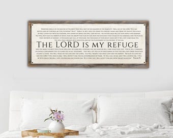 Psalm 91 Metal Print on Reclaimed Wood-The Lord Is My Refuge Scripture Wall Art-Rustic Christian Home Decor-Bible Verse Gift