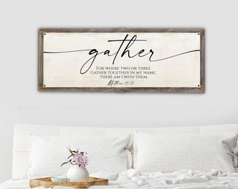 Gather Wall Art–Matthew 18:20 Metal Print on Reclaimed Wood Frame-Family Gathering Decor, Christian Housewarming Gift