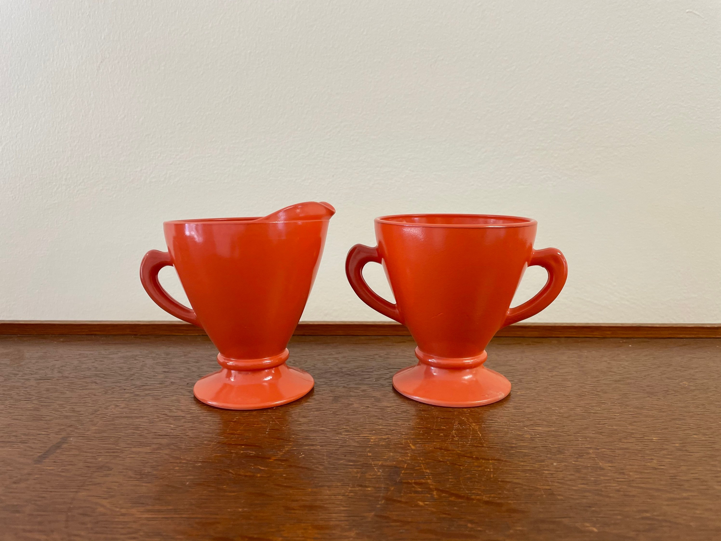 Vintage Hazel Atlas Platonite Rust Oride Orange Sugar Bowl and Creamer Set, MCM Midcentury Modern Retro Art Deco Kitchen