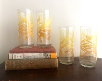 Vintage Libbey Wheat Water Glasses, Orange, Yellow, Red Wheat Pattern, Set of 4, MCM