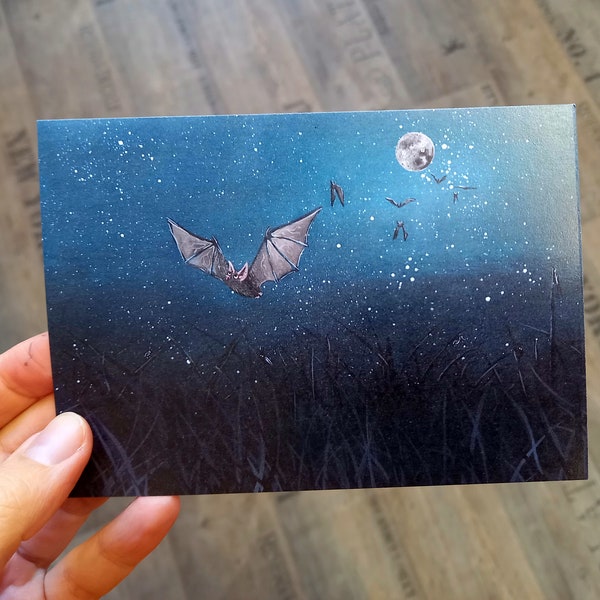 Postkarte  Fledermaus Nacht Mond