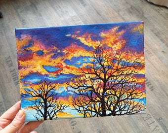 Zonsondergang en nagloed van bomen - schilderij acryl op canvas 28 x 24 cm