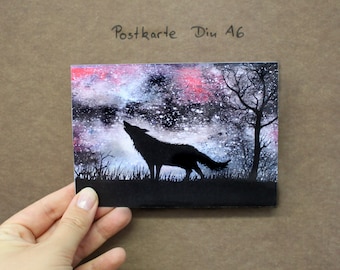 Postkarte Wolf mit Sternenhimmel